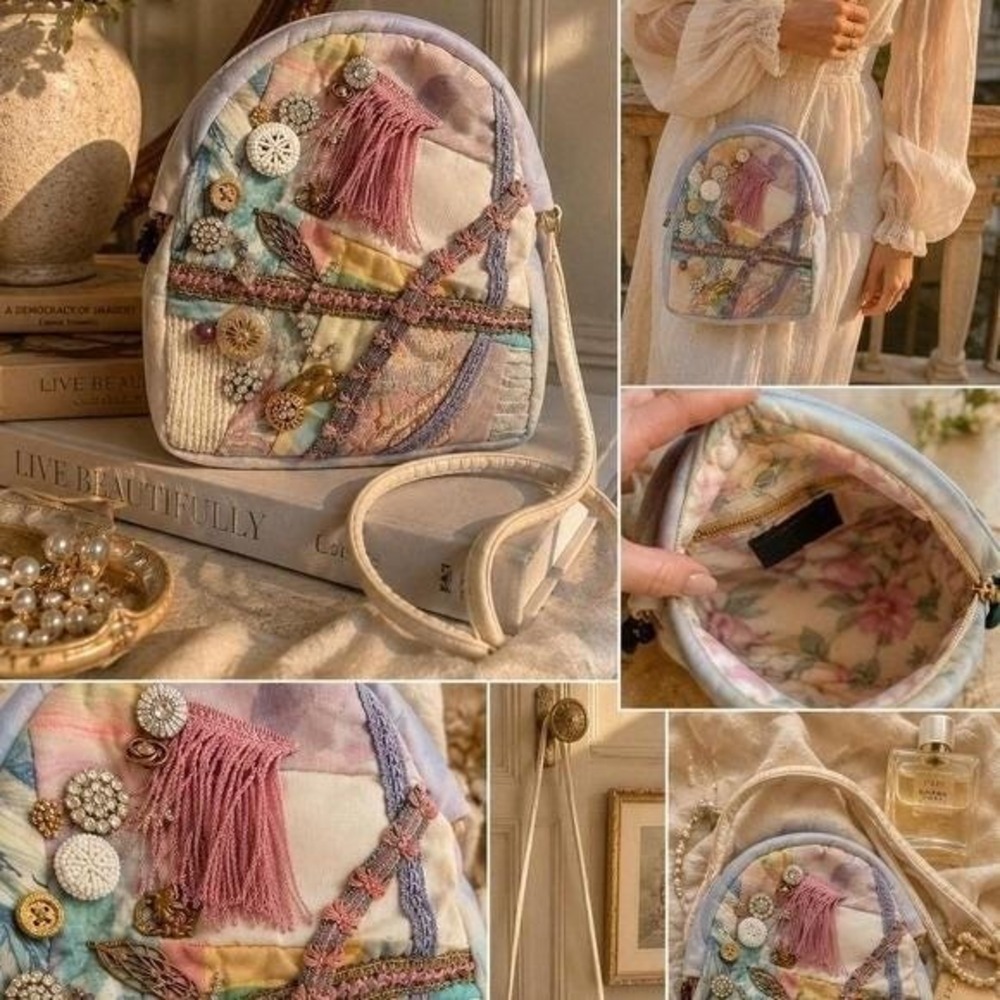Vintage Boho Patchwork Medium Crossbody Bag Embellished Cottagecore Art Bag